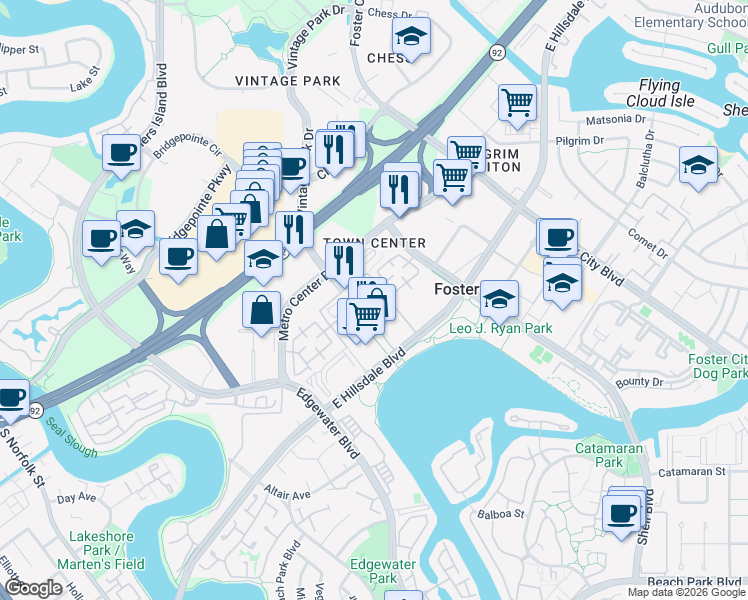 map of restaurants, bars, coffee shops, grocery stores, and more near 100 Village Lane in Foster City