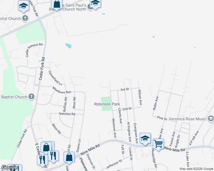 map of restaurants, bars, coffee shops, grocery stores, and more near 430 Westover Pines Drive in Richmond