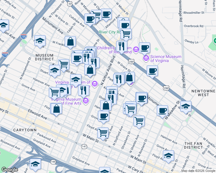 map of restaurants, bars, coffee shops, grocery stores, and more near 503 North Arthur Ashe Boulevard in Richmond