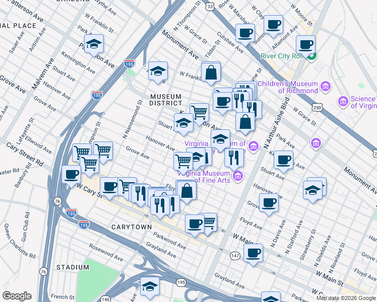 map of restaurants, bars, coffee shops, grocery stores, and more near 3212 Hanover Avenue in Richmond