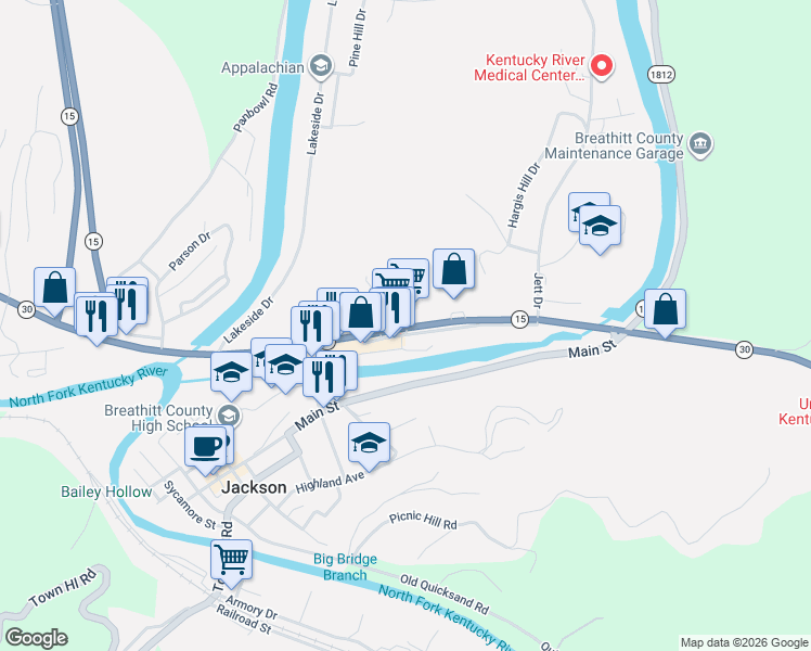 map of restaurants, bars, coffee shops, grocery stores, and more near 231 Kentucky 15 in Jackson