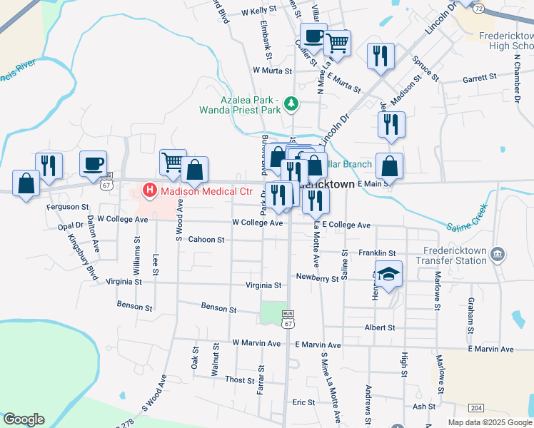 map of restaurants, bars, coffee shops, grocery stores, and more near 121 Park Drive in Fredericktown