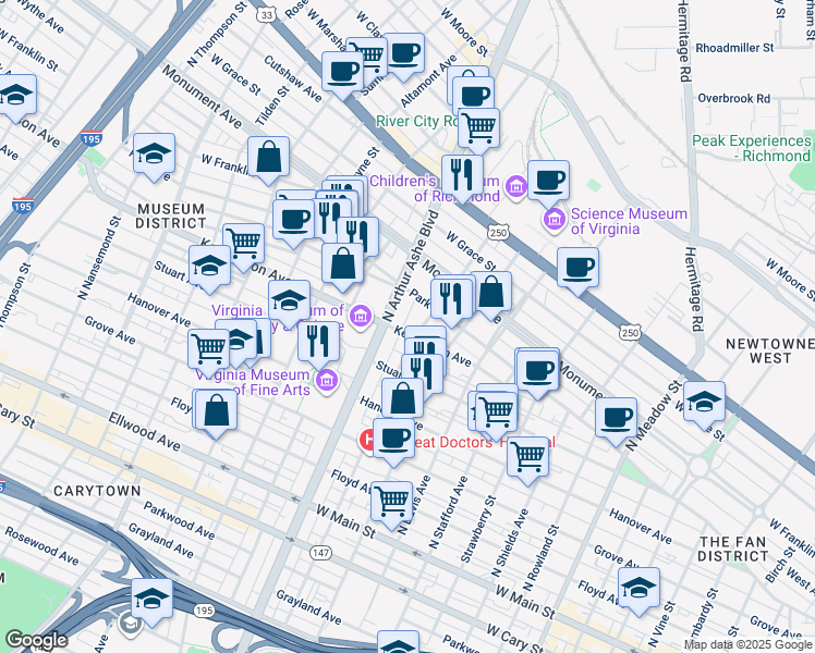 map of restaurants, bars, coffee shops, grocery stores, and more near 2704 Kensington Avenue in Richmond