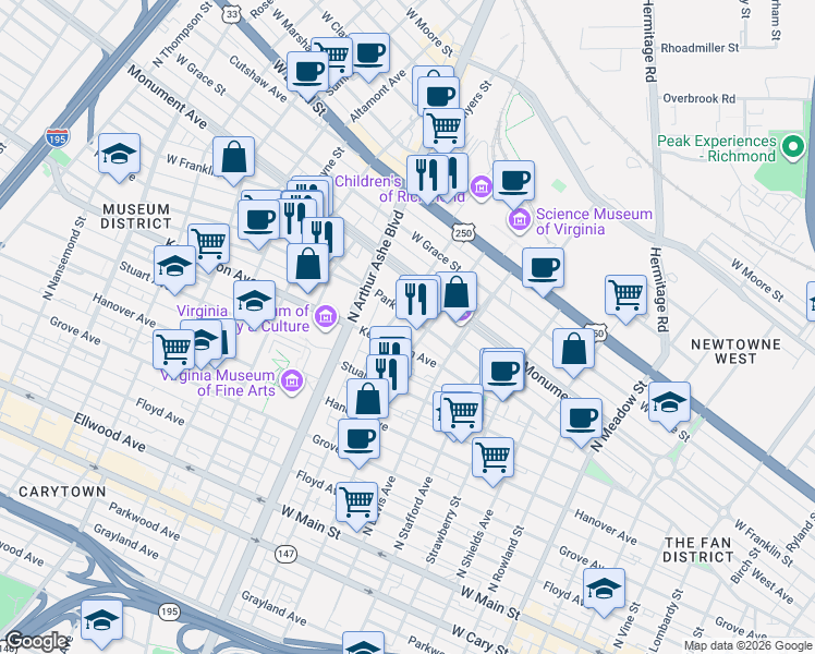 map of restaurants, bars, coffee shops, grocery stores, and more near 2619 Park Avenue in Richmond