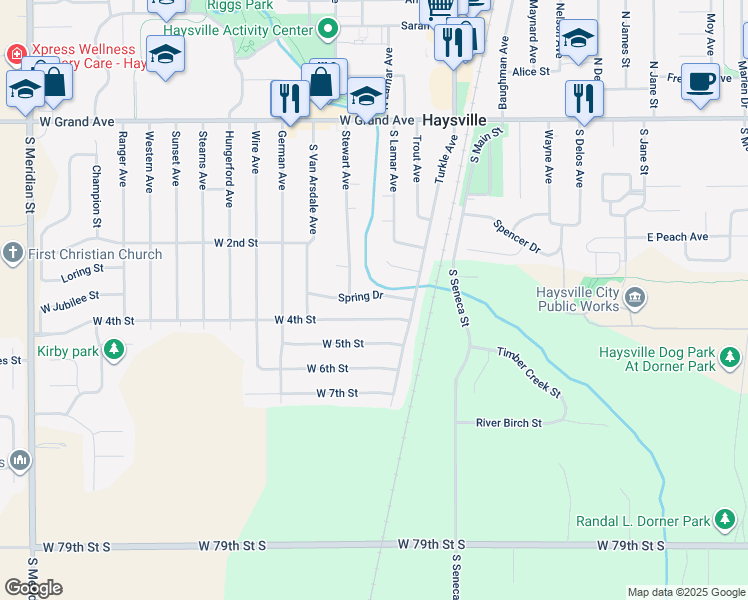 map of restaurants, bars, coffee shops, grocery stores, and more near 345 Spring Drive in Haysville