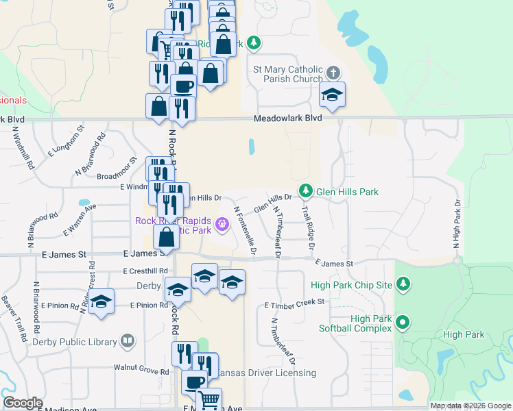 map of restaurants, bars, coffee shops, grocery stores, and more near 2024 East Glen Hills Drive in Derby