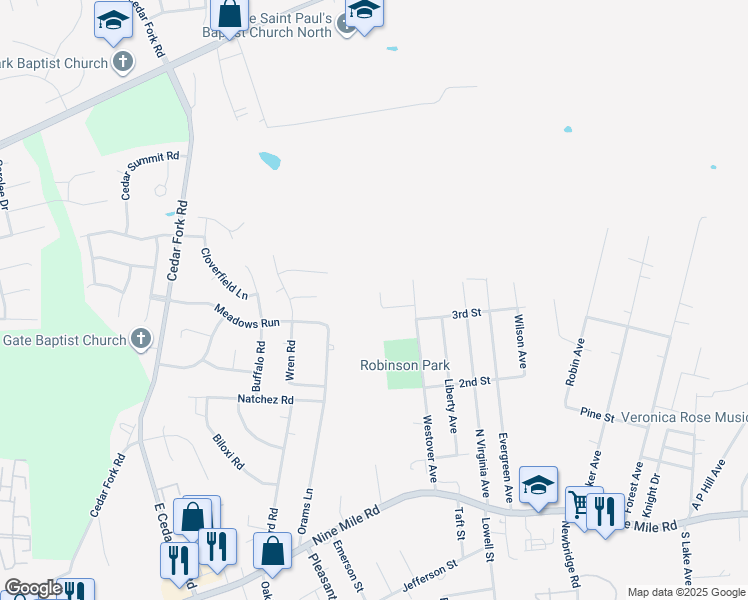 map of restaurants, bars, coffee shops, grocery stores, and more near 435 Westover Pines Drive in Richmond