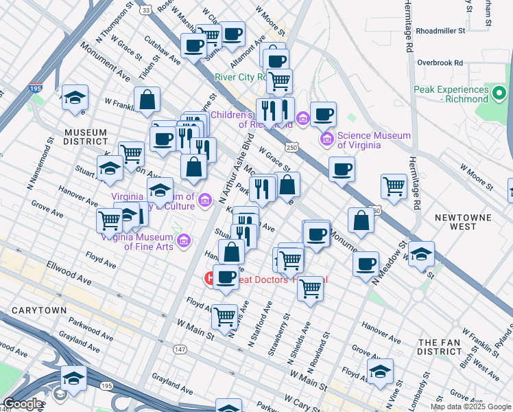 map of restaurants, bars, coffee shops, grocery stores, and more near 2607 Park Avenue in Richmond