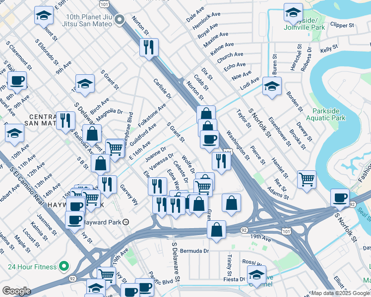 map of restaurants, bars, coffee shops, grocery stores, and more near 1642 South Grant Street in San Mateo