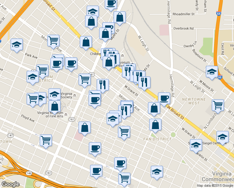 map of restaurants, bars, coffee shops, grocery stores, and more near 707 North Davis Avenue in Richmond