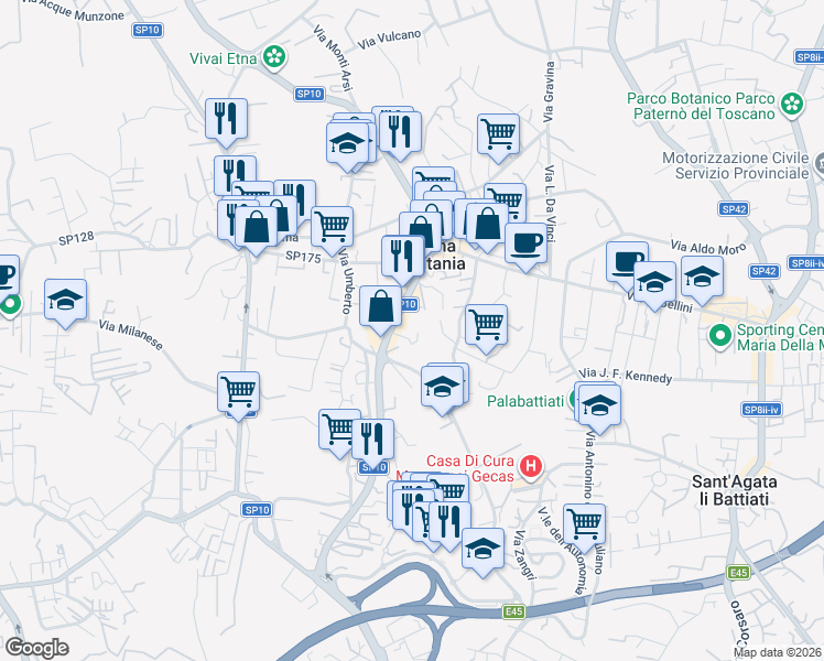 map of restaurants, bars, coffee shops, grocery stores, and more near 54A Via Antonio Gramsci in Gravina di Catania