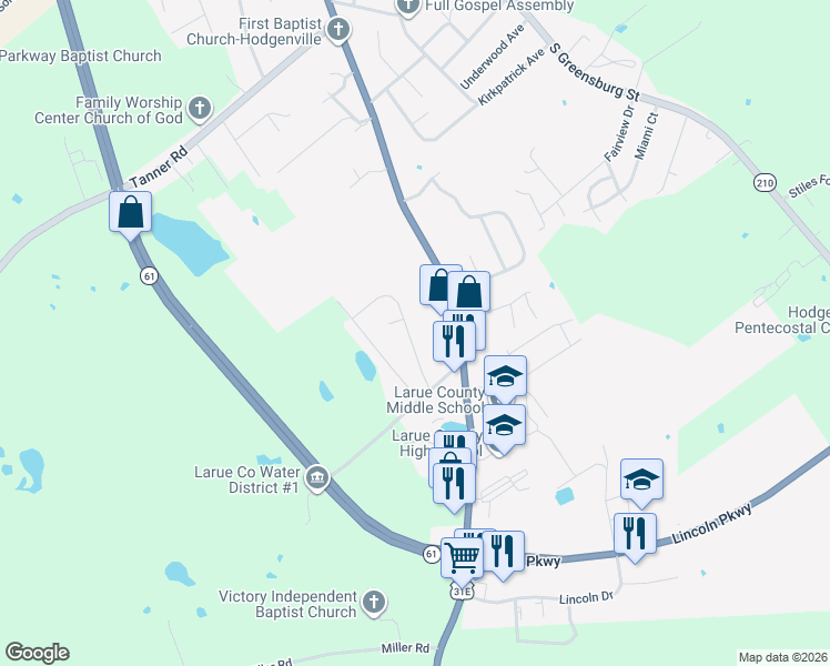map of restaurants, bars, coffee shops, grocery stores, and more near 124 Wood Lane in Hodgenville