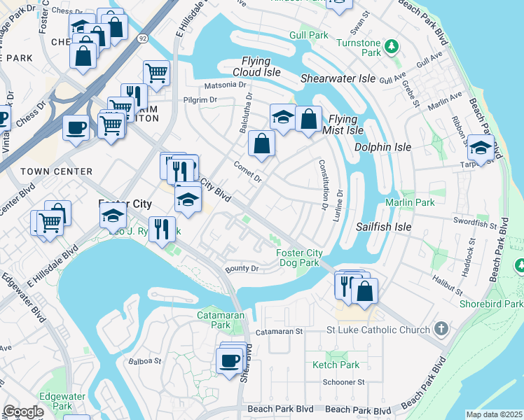 map of restaurants, bars, coffee shops, grocery stores, and more near 888 Foster City Boulevard in Foster City