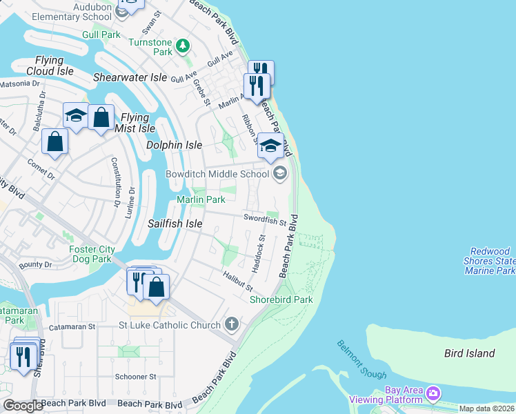 map of restaurants, bars, coffee shops, grocery stores, and more near 279 Bonita Lane in Foster City