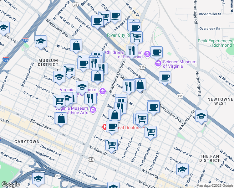 map of restaurants, bars, coffee shops, grocery stores, and more near 2700 Kensington Avenue in Richmond