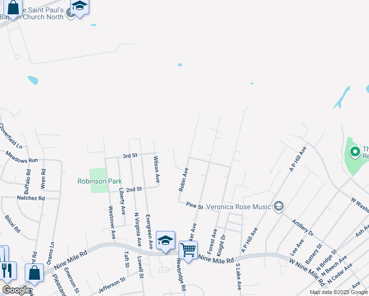 map of restaurants, bars, coffee shops, grocery stores, and more near 204 Robin Avenue in Richmond