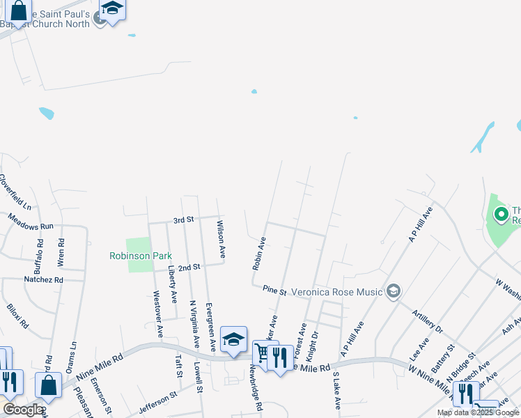 map of restaurants, bars, coffee shops, grocery stores, and more near 204 Robin Avenue in Richmond