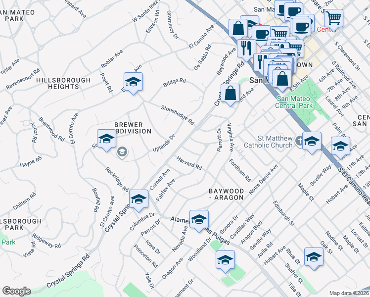 map of restaurants, bars, coffee shops, grocery stores, and more near 206 Amherst Avenue in San Mateo