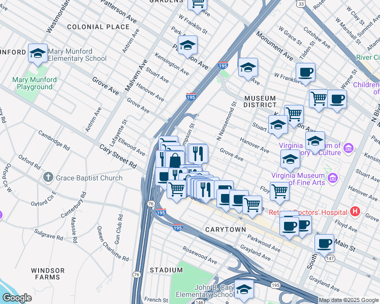 map of restaurants, bars, coffee shops, grocery stores, and more near 3532 Floyd Avenue in Richmond