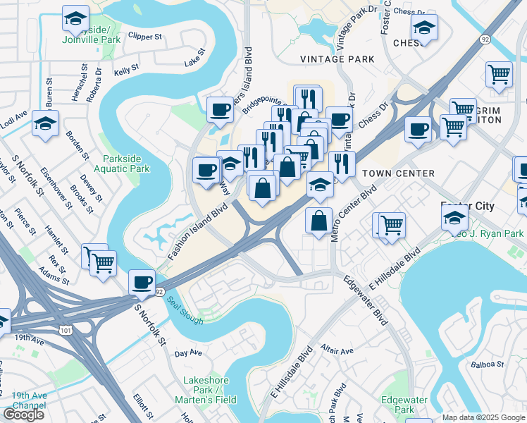 map of restaurants, bars, coffee shops, grocery stores, and more near in San Mateo