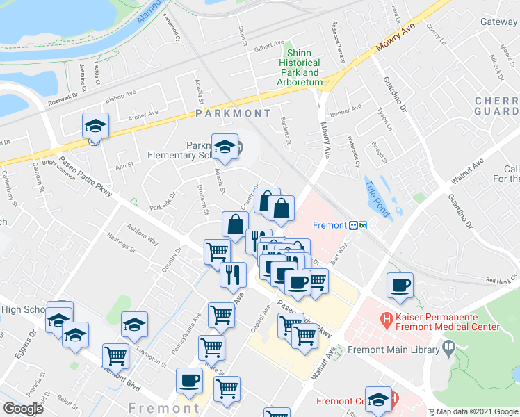 map of restaurants, bars, coffee shops, grocery stores, and more near 2146 Country Drive in Fremont