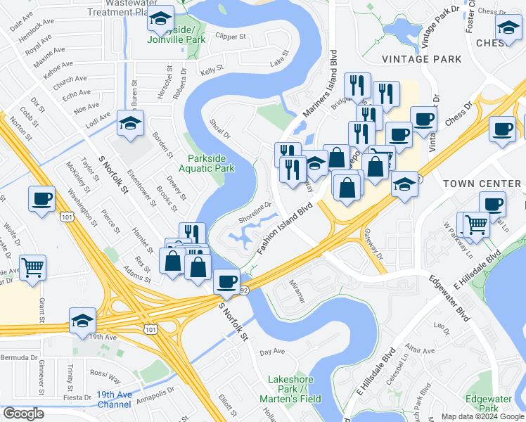map of restaurants, bars, coffee shops, grocery stores, and more near 950 Shoreline Drive in San Mateo