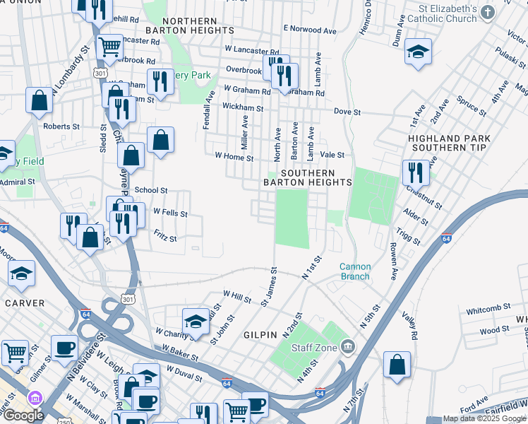 map of restaurants, bars, coffee shops, grocery stores, and more near 19 King Street in Richmond