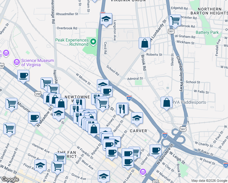 map of restaurants, bars, coffee shops, grocery stores, and more near 1500 West Moore Street in Richmond
