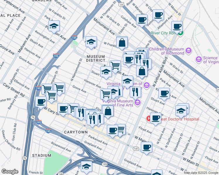 map of restaurants, bars, coffee shops, grocery stores, and more near 3212 Hanover Avenue in Richmond