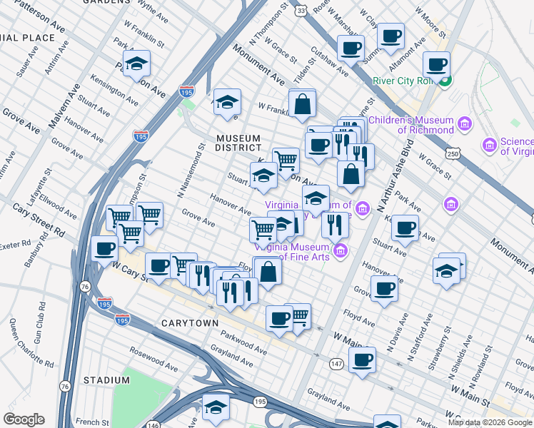 map of restaurants, bars, coffee shops, grocery stores, and more near 3212 Hanover Avenue in Richmond