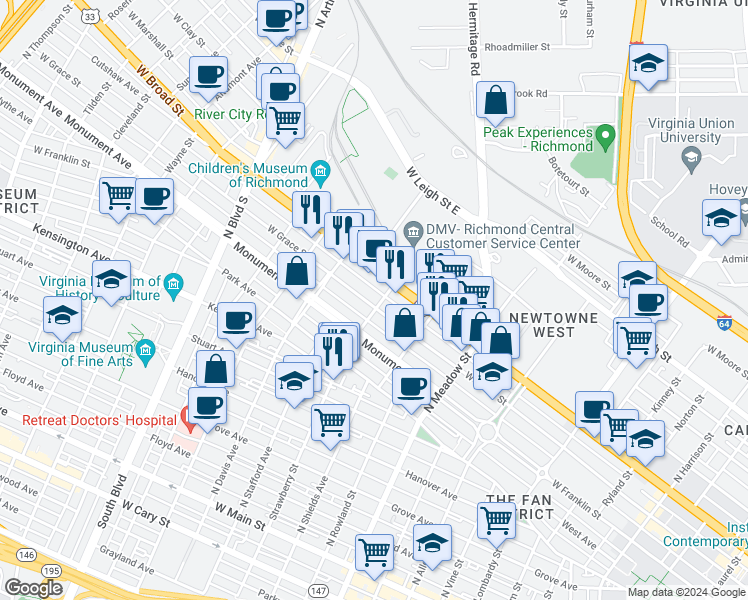 map of restaurants, bars, coffee shops, grocery stores, and more near 2304 West Grace Street in Richmond