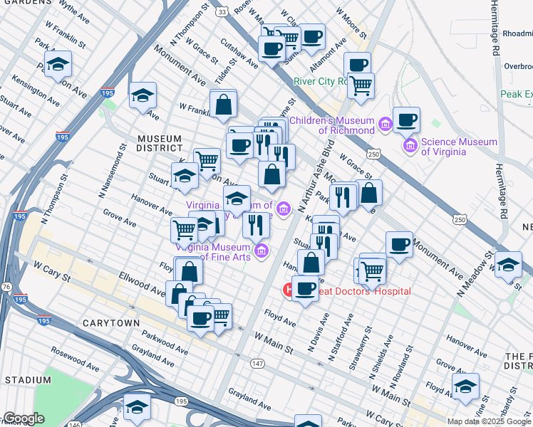 map of restaurants, bars, coffee shops, grocery stores, and more near 428 N Boulevard in Richmond