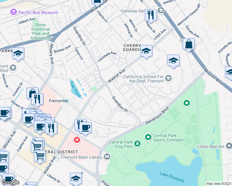 map of restaurants, bars, coffee shops, grocery stores, and more near 39224 Guardino Drive in Fremont