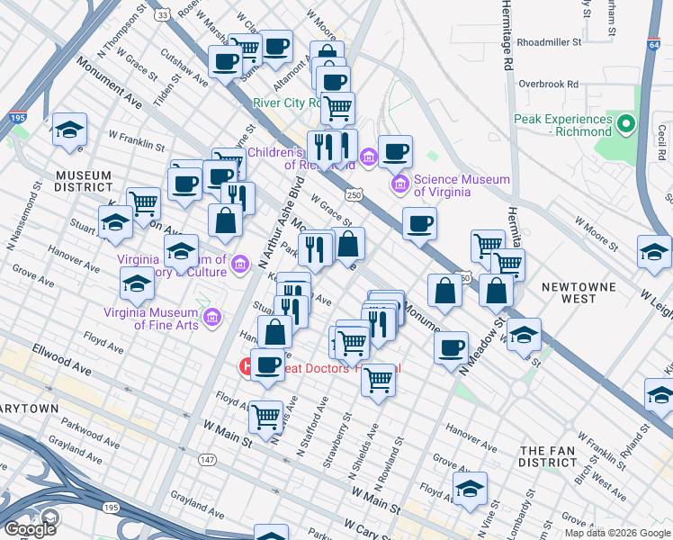 map of restaurants, bars, coffee shops, grocery stores, and more near 2551 Monument Avenue in Richmond