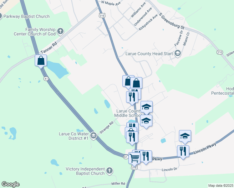 map of restaurants, bars, coffee shops, grocery stores, and more near 124 Wood Lane in Hodgenville