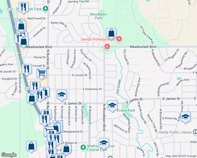 map of restaurants, bars, coffee shops, grocery stores, and more near 1244 North El Paso Drive in Derby