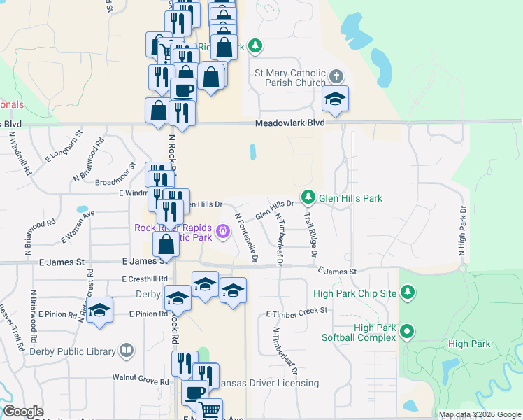 map of restaurants, bars, coffee shops, grocery stores, and more near 2024 Glen Hills Drive in Derby