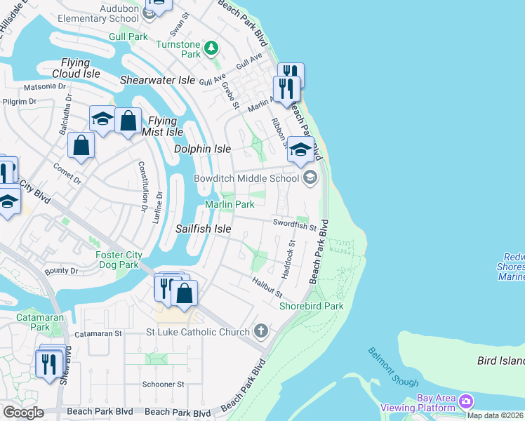 map of restaurants, bars, coffee shops, grocery stores, and more near 332 Pompano Circle in Foster City