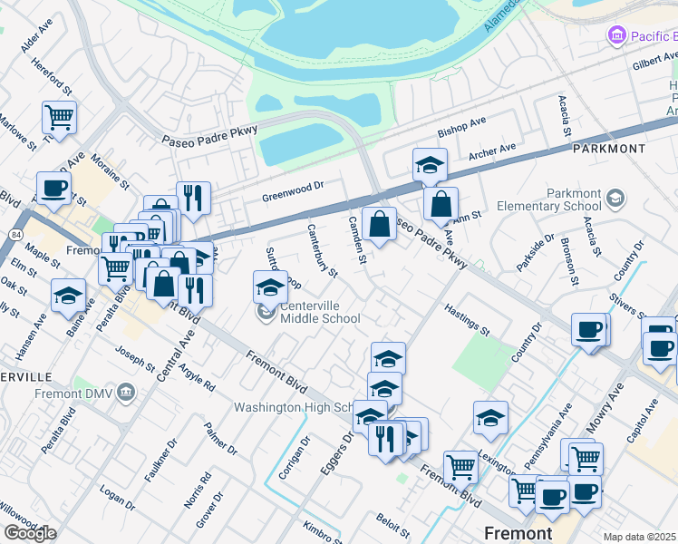 map of restaurants, bars, coffee shops, grocery stores, and more near in Fremont