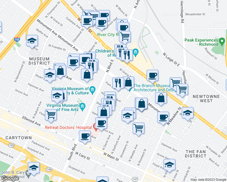map of restaurants, bars, coffee shops, grocery stores, and more near 2609 Park Avenue in Richmond