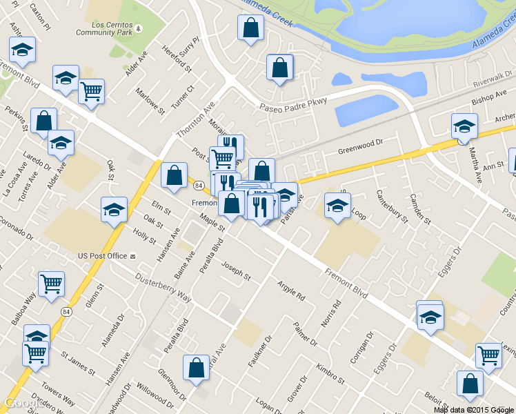 map of restaurants, bars, coffee shops, grocery stores, and more near 3943 Rose Court in Fremont