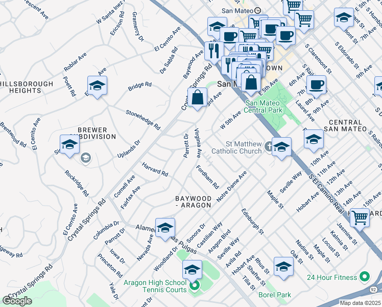 map of restaurants, bars, coffee shops, grocery stores, and more near 311 Parrott Drive in San Mateo