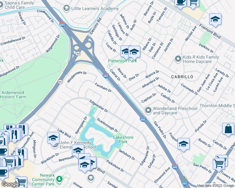 map of restaurants, bars, coffee shops, grocery stores, and more near 35652 Farnham Drive in Newark