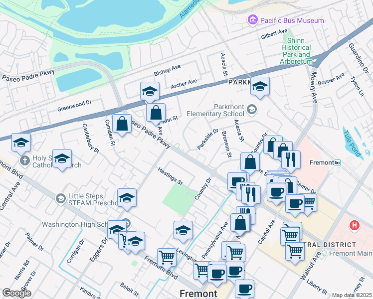 map of restaurants, bars, coffee shops, grocery stores, and more near 38287 Parkmont Drive in Fremont
