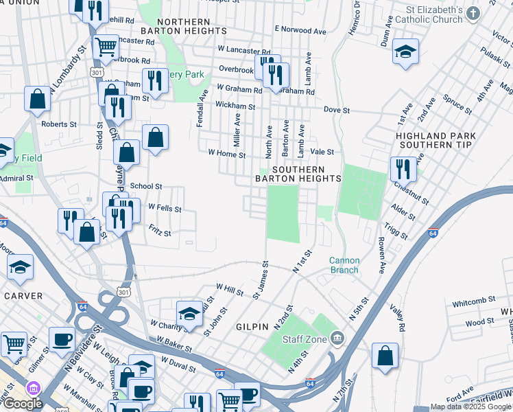 map of restaurants, bars, coffee shops, grocery stores, and more near 20 King Street in Richmond