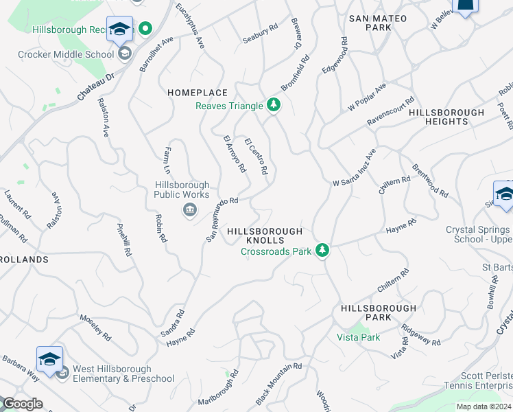 map of restaurants, bars, coffee shops, grocery stores, and more near 1205 La Cumbre Road in Hillsborough