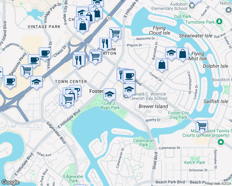 map of restaurants, bars, coffee shops, grocery stores, and more near Eppleton Lane in Foster City