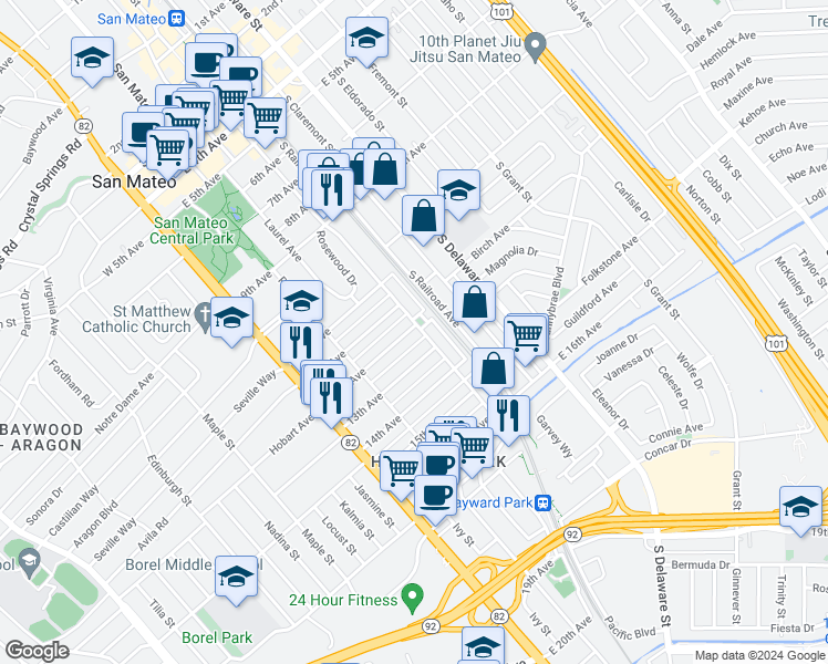 map of restaurants, bars, coffee shops, grocery stores, and more near 172 12th Avenue in San Mateo