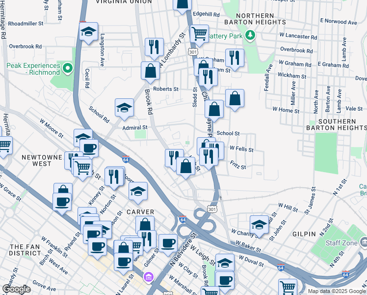 map of restaurants, bars, coffee shops, grocery stores, and more near 1699 High Street in Richmond