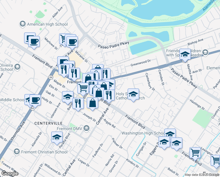 map of restaurants, bars, coffee shops, grocery stores, and more near 3825 Parish Avenue in Fremont